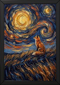 Resim Lone Fox Starry Night Print - Van Gogh-Style Wildlife Hillside Wall Art - Wooden Frame - Natural / 12 x 16" (30x40 cm) 