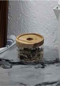 Resim Timber Cam Kavanoz - Çizgili Saklama Kavanozu - Ahşap Kapaklı, 300 Ml 