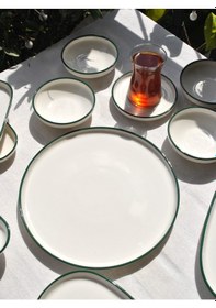 Resim 29 Parça Porselen Kahvaltı Takımı Sade Beyaz Yeşil Kenar Detaylı 