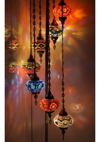 Resim Dekoratif Mozaik Lambader 7li Köşe Lambası Renkli Desenli Osmanlı Lambası v1 