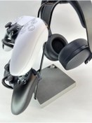Resim Gri Ahşap Ve Siyah Metal Gaming Ps4 Ps5 Xbox Joystick Kontroller Tutucu Ve Kulaklık Dikey Standı 