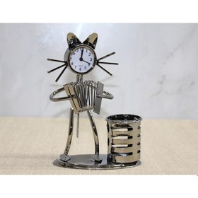 Resim Metal Akordiyon Çalan Müzisyen Kedi Müzisyen Saat Ve Kalemlik 