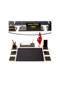 Resim Star Bayraklı Mermer Desenli Ahşap Sümen Takımı Deri Sümen Seti Masa İsimliği 