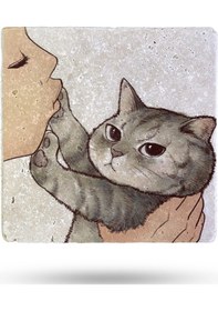 Resim Doğaltaş Bardak Altlığı Sevimli Kedi Baskılı 10x10cm %100 Traverten Doğal Taş Çok Renkli 