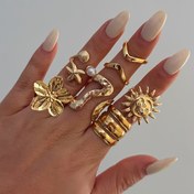 Resim 6 Parça/3 Parça Retro Şık Geometrik Sıvı Metal Çizgi Taklidi Denizyıldızı Kabuk Bohem Okyanus Tarzı Yüzük Seti, Ayarlanabilir Geniş Bantlı Üst Üste Takılabilen Yüzükler – Kadınlar ve Erkekler İçin Çok Yönlü Yaz Tatili Parti Hediyesi Yüksek Değerli Mücevher 