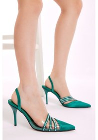 Resim Kadın Yeşil Gecce Serisi Taş İşlemeli Sivri Burunlu Topuklu Ayakkabı TBGECCEIMXS-10 