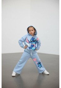 Resim Cg Kids Stitch Temalı İspanyol Paça 2 İplik Kız Çocuk Alt Üst Eşofman Takım Süper Kalite Mavi 