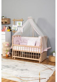 Resim Ahşap Beşik Anne Yanı Beşik Organik Boyasız 60x120 - Pembe Prenses Kız Uyku Seti Yatak Ahşap 