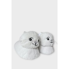 Resim Liger Kadın Kedi Figürlü Peluş Panduf Beyaz Tekstil Malzeme Sevimli Tasarım 