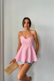 Resim Yaman Market Çizgili Gofre Askılı Pens Detaylı Bluz - Pembe Pembe 