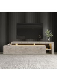 Resim Beliz Modern LED Işıklı 3 Kapaklı, Raflı TV Sehpası – 192 cm, Traverten 
