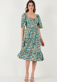 Resim Lela Desenli Oversize Fit Carmen Yaka Büzgü Detaylı Midi Boy Elbise Bayan ELBİSE 67810557 