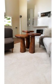 Resim Simillo Home&Living Wood Wooden Ahşap 3’lü Set Fitilli Mantar Yan Sehpa Modern Fındık Renk Fiskos 