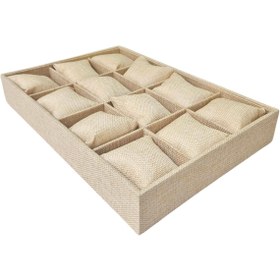 Resim ÖZER KUTU 12 Li Saat & Kelepçe Yastıklı Masaüstü Kutu & Tabla Keten Süet (hasır) 