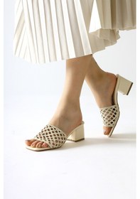 Resim Mani Bej Örgü Detaylı Kalın Topuklu Terlik 001 