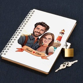 Resim Deniz Feneri ve Aşkımız Karikatürlü Kilitli Defter 