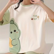 Resim Sevimli Dinozor & Harf Baskılı Bol Kesim Pijama Takımı, Rahat Kısa Kollu Yuvarlak Yaka T-shirt & Şort, Kadınlar Için Uyku Giyimi 