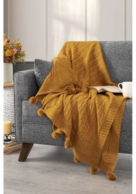 Resim Ponponlu Triko Örme Tv Battaniyesi Koltuk & Omuz Şalı & Diz Battaniyesi 130x170cm - Hardal Hardal 