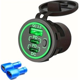 Resim Topnotch Yeşil Işıklı Triple Port Hızlı Araç Şarj Cihazı Type C Pd Qc 3.0 Düğmeli 12v 24v 
