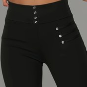 Resim Yüksek Bel Düğme Detaylı Dar Pantolonlar - Siyah Esnek Polyester İnce Kesim Günlük Rahatlık ve Stil için 