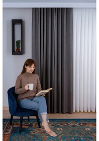 Resim Desenli Dökümlü Jakarlı Kalın Fon Perde Salon, Oturma Odası, Yatak Odası Antrasit 