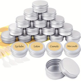 Resim 26 adet Alüminyum Dudak Balmı Kapları Seti, 20 adet 20ml/0.7oz Boş Dudak Balmı Kavanozları, Yuvarlak Seyahat Kapları, 2 adet Yuvarlak Etiketler ve 4 adet Mini Spatullar Dudak Balmı/Lotion/Mini Mumlar/Kozmetikler için 