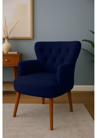 Resim Waterybrook Tekli Berjer Koltuk - Kapitoneli Babyface Kumaş - Ceviz Ahşap Ayaklı - Retro Modern Tasarım Lacivert 