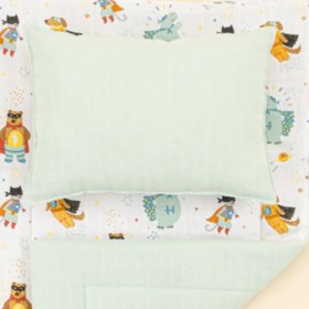 Resim Alt Açma Matı ve Yastık - Çift Taraflı - Su Yeşili Muslin - Süper Kahramanlar 