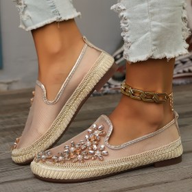 Resim Kadınlar İçin Nefes Alabilir Mesh Slip-On Loafer - Çiçek Desenli Taş Süslemeli, Hafif Yumuşak Tabanlı Yazlık Günlük Ayakkabı 2025 Koleksiyonu, Şık Retro Stil, Konforlu Yaylık Terlikler 