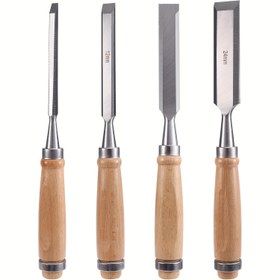 Resim 4 Parça Profesyonel Ahşap İşleme Keski Seti - 6mm, 12mm, 18mm, 24mm Eğimli Kenar Keskiler, Krom Vanadyum Çelik Bıçaklar ve Katı Ahşap Saplar 