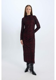 Resim DeFacto Regular Fit Yarım Balıkçı Yaka Desenli Uzun Kollu Maxi Tül Elbise E1959AX24WNBR115 Bordo 