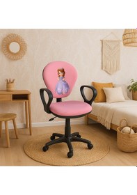 Resim Prenses Baskılı Pembe Renk Çocuk Çalışma Sandalyesi Kız Çocuk Odası Ofis Koltuğu Döner Sandalye Pembe 