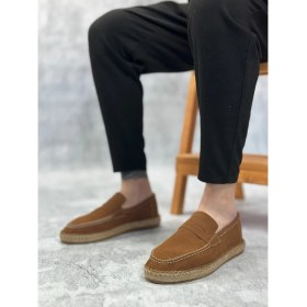 Resim BA0359 BOA Doğal Deri Tozu Bağcıksız Kauçuk El Yapımı Espadril Taban Taba Renk Erkek Ayakkabı 