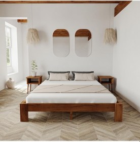 Resim Soft Model Ceviz Renk Çam Ahşap Karyola Ve İki Komodin Set-211 140 x 200 