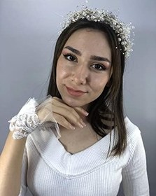 Resim Krem İncili Taç Ve Beyaz Püsküllü Bileklik Nikah Takımı 