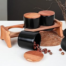Resim Keramika Mat Siyah Ege Ahşap Standlı Saklama Kabı 10 cm 3 Parça 