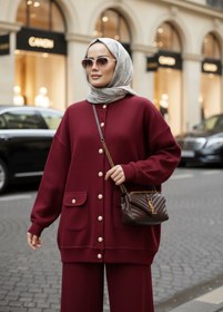 Resim Aselim Hijap Moda Oslo Selanik Kumaş Hırka İkili Takım - Oversize Kalıp - Kışlık Tesettür Takım Bordo 
