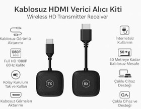 Resim Coverzone Kablosuz HDMI Verici Alıcı Kiti | Wireless HD Transmitter Receiver | 1080P 60Hz Görüntü Aktarımı | TV, Projeksiyon, Notebook, PC ile Uyumlu - S1 HDMI 
