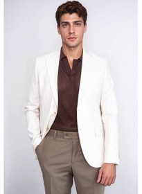 Resim Ekru Çizgili Keten Dokulu Gold Renk Metal Düğmeli Slim Fit Erkek Blazer Ceket Wessi Beige 