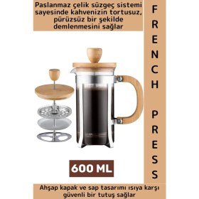 Resim Wintoup Premium Isıya Dayanıklı Kahve Demleme Bitki Çayı Ahşap Kapak Sap Detaylı Cam French Press 600 ml 