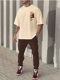 Resim Beach T-shirt Eşofman Altı Jogger - Bej Kahverengi Baskılı Eşofman Takımı Oversize Bisiklet Yaka Bej 
