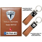 Resim Plakanıza Özel Tesla Logolu Taba Ruhsat Kabı Ve Anahtarlık 