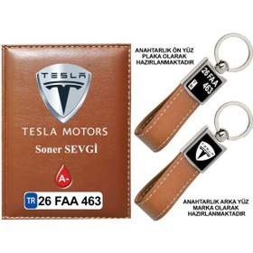 Resim Plakanıza Özel Tesla Logolu Taba Ruhsat Kabı Ve Anahtarlık 