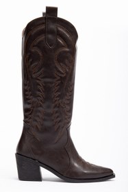 Resim DENORA Acı Koyu Kahve Mat Deri Nakışlı Kabartmalı Western Kovboy Bot Çizme 