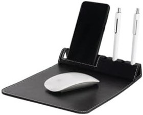 Resim Deri Mouse Pad ve Masaüstü Organizer - Telefon Standlı ve Kalemlik Bölmeli 3'ü 1 Arada Ofis Aksesuarı - Kaymaz Taban Şık Dikişli Suni Deri Mousepad - Siyah 