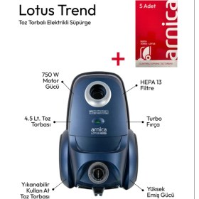 Resim Arnica Lacivert Lotus Trend 750 W Toz Torbalı Elektrikli Süpürge 4,5 L Yıkanabilir Torba 