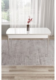 Resim Canisa Nira Serisi 70x114 Mdf Açılabilir Beyaz Mutfak Masa Takımı 4 Krem Sandalye Krom Detay Beyaz Masa Krem Sandalye Ayaklar Krom 