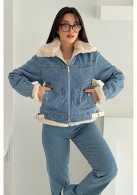 Resim Kadın Kürk Astarlı Denim Ceket Sıcak & Sokak Stili Mavi 