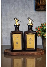 Resim Khakma Ahşap Standlı Amber Gold Zeytinyağı Sirke Şişesi Yağlık Yağdanlık 2'li Set 