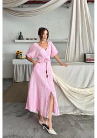 Resim Defymoda V Yaka Bel Boncuk Bağlamalı Müslin Elbise Yırtmaç Detaylı - Pembe Pembe 